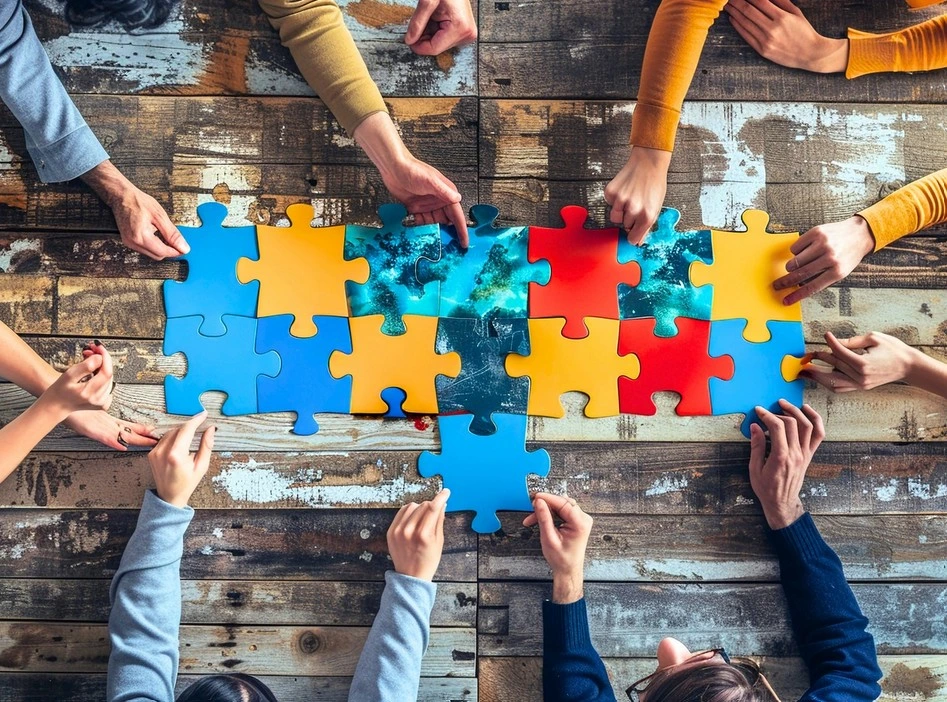 Personnes diverses qui emboitent des pièces de puzzle